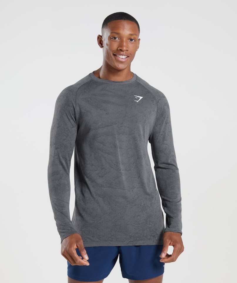 Men\'s Gymshark Geo Seamless Long Sleeve T-Shirts Grey | CA D60183